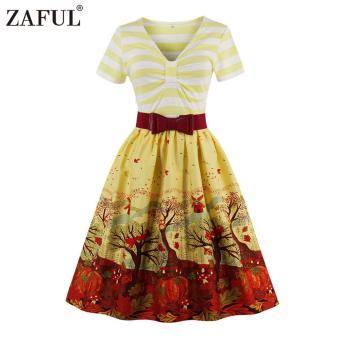 Zaful Women Fashion Vintage Printing Dress Retro Style Defined Waist (Yellow) - intl  