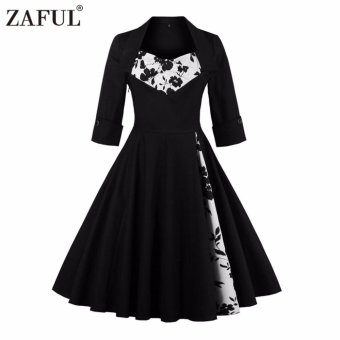 Zaful Women Vintage 3/4 Length Sleeve Dress Hepburn Style Ball Gown(Black) - intl  