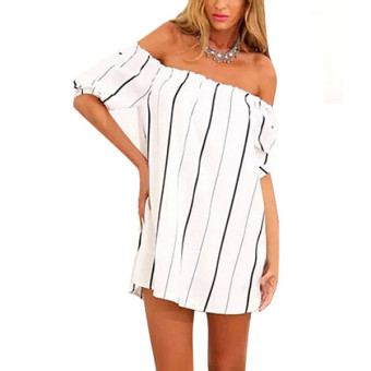 Zanzea 2016 Fashion Summer Style Wome n Off Shoulder Striped Sexy B louse Shirt Dress Casual Shor t Sleeve Loose Beach Tops Plus Size White - intl  