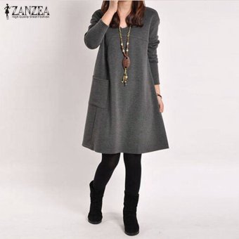 ZANZEA Autumn Women Mini Dress Casual Loose Solid Pockets Female Long Sleeve V-Neck Vestidos Femininas Plus Size Dresses 5 Colors (Dark Grey) - intl  