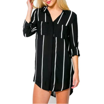 ZANZEA Blusas 2016 Spring Women Blouse New Fashion Lapel Striped Long Sleeve Pockets Casual Long Shirts Dress Loose Tops Black - intl  