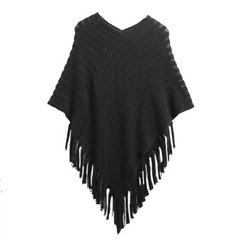 Zanzea Ladies Fashion Loose BWoman Batwing V-NECK Irregular Stripes Fringed Stitching Poncho Shawl Cape Sweater Black - Intl  