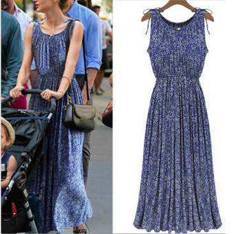 ZANZEA Ladies Maxi Dress Summer Long Skirt Floral Casual Pleated Dress Blue (Color:Blue) (Size:M) - intl  