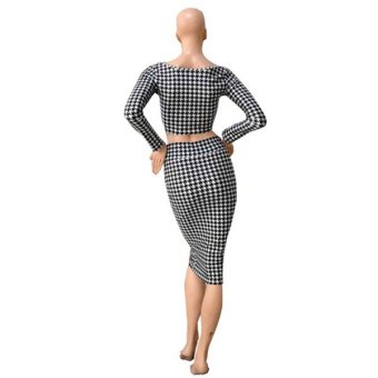 ZANZEA Sexy Women Bodycon 2PCS Outfit Houndstooth Crop Top&High Waist Skirt Midi Dress  