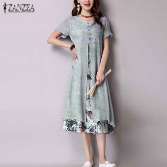 ZANZEA Vestidos Autumn Women Dress Vintage Floral Print Maxi Long Dress Short Sleeve Casual Loose Dresses Plus Size - intl  