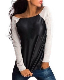 ZANZEA Wet Look PU Leather Casual Blouse Ladies Splice Tops Pullover Tee Shirt  