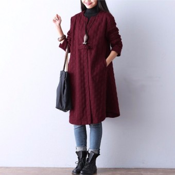 ZANZEA Winter Autumn Women Retro Midi Dress Lady Long Sleeve Sexy V Neck Loose Casual Pockets Long Coat Long Robe Vestidos?Wine Red? - intl  