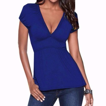 ZANZEA Women 2016 Summer Slim Fit Solid Shirts Sexy Deep V Neck Short Sleeve Blouses Casual Simple Blusas Tee Tops Plus Size Blue - Intl  