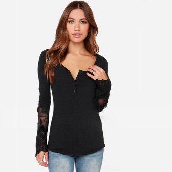 ZANZEA Women Blouse Embroidery Lace Top Button V Neck Long Tee Shirt Black  