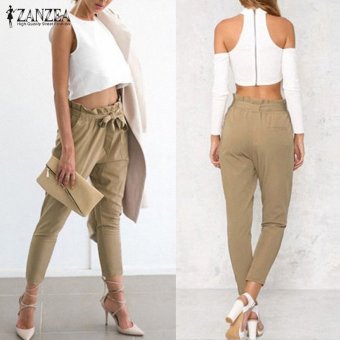 ZANZEA Women Pants Casual Ankle Length High Waist Harem Pants Pockets Belt Solid Trousers Plus Size S-3XL (Khaki) - intl  