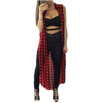 Zanzea Women Plaid Split Tops Jacket Sleevless Cardigan Coat  