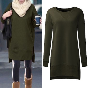 ZANZEA Women Pullovers Fleece Sweatshirts Hoodies Long Sleeve O Neck Split Casual Loose Solid Tops Blusas Plus Size S-5XL (Army Green) - intl  