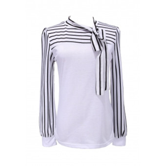 zanzea Women Stripe Polo Neck Puff Long Sleeve Tops White  