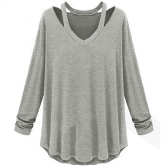 Zanzea Womens Fashion Off Shoulder Long Sleeve V-Neck Loose Tops T-Shirt Blouse Gray - Intl - intl  