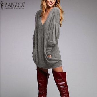 ZANZEA Womens Loose Cotton V-Neck Tops Long Sleeve T-Shirt Casual Blouse Pullover Dress Grey - intl  