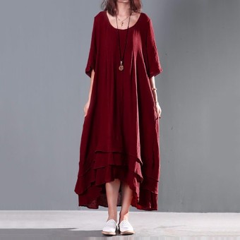 Zanzea Women's Vintage Scoop Neck Asymmetrical Hem Kaftan Casual Long Maxi Dress(Wine Red) - intl  