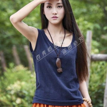 ZH Shopping Ms the loose linen cotton sleeveless vest Navy Blue - intl  