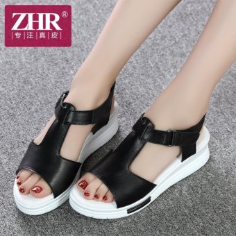 ZHR2016 the New Summer Slope with Thick Bottom Leather Sandals Platform Sandals Shoes Rome Students Fish Mouth Tide (Black) - intl  
