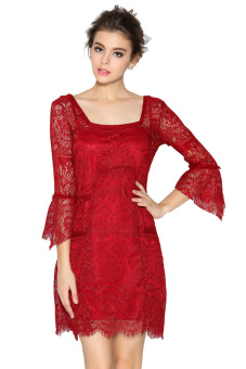 ZigZagZong 3/4 Bell Sleeve Women's Cocktail Party Prom Lace Dress Camisole Tank Top (Red) (Intl)  