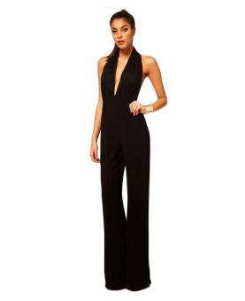 ZigZagZong Lace Halter Plunging Neckline Backless Womens Jumpsuit Overalls Trousers Pants (Black) - intl  