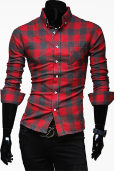 ZigZagZong New Mens Slim Fit Casual & Dress Plaid Check Shirt Long Sleeve (Black/Red) - Intl  