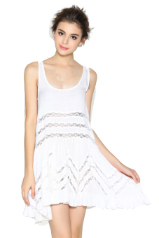 ZigZagZong Oversized Polka Dot Loose Fit Zigzag Lace Insert Women's Lounge Tank Dress Sundress (White) - Intl  