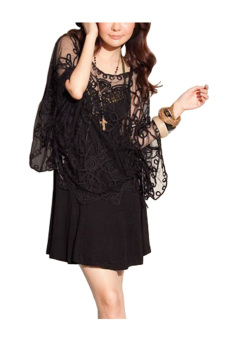 ZigZagZong Sheer Mesh Butterfly Sleeve Embroidery Trim Women Cape Top Shirt Blouse Cover Up Black (Intl)  