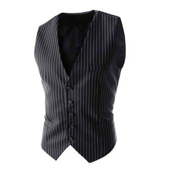 ZigZagZong Slim Fit Sleeveless Stripe Waistcoat (Black) (Intl)  