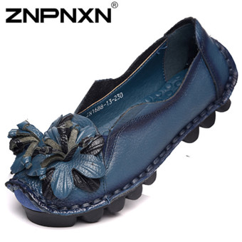 ZNPNXN Women's Fashion Flower Shoes Genuine Leather Shoes Loafers Shoes (Blue)  
