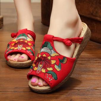 ZOQI Women's Lotus Embroidered Shoes Fashion Non-slip Peep-toe Shoes (Red) - intl  