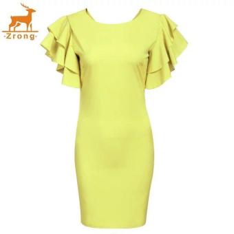 Zrong Fashion Women O-Neck Ruffles Sleeve Solid Bodycon Cocktail Party Mini Dress (Yellow) - intl  