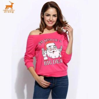 Zrong New Fashion Women Casual Oblique Collar Long Sleeve Christmas Prints One Shoulder Pullover Sweatshirts (Red) - intl  