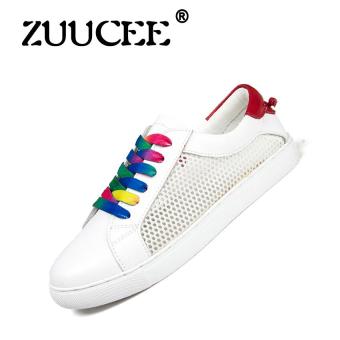 ZUUCEE New flat leather breathable yarn small white shoes fashion tide colorful shoelaces casual board shoes women(white)  