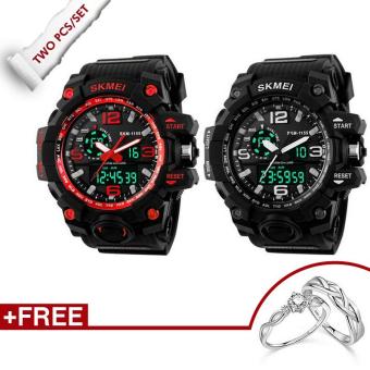 [100% Genuine] 2 PCS SKMEI 1155 Fashion Men Digital LED Display Sport Watches 50M Waterproof Dual Display Quartz Wristwatches + Rings Free  