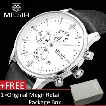 ?100% Genuine?MEGIR 2011G Mens Watches Casual Black Leather Strap Waterproof Chronograph Quartz Wrist Watch - intl  