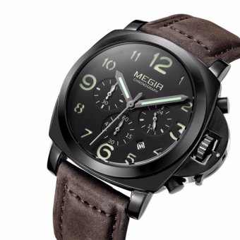 [100% Original & Authentic] MEGIR 3406 Male Quartz Watch 3ATM Waterproof Mutilfunctional Military Brown Leather Band Wristwatch-Black Face - intl  