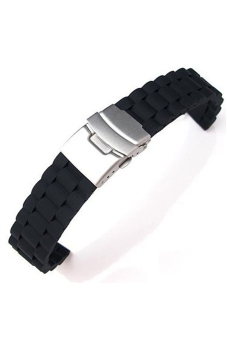 18mm Waterproof Soft Silicone Watch Band Strap with Stainless Steel Depolyment Clasp Buckle Black  