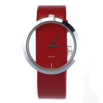 1PC New PU Leather Transparent Dial Hollow Analog Quartz Wrist Watch -Red - intl  