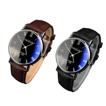 2PC Luxury Fashion Faux Leather Mens Quartz Analog Watch Watches Brown - intl  