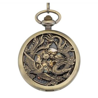 akerfush 2016 Retro Punk Watches Men Women Necklace Chain Mechanical Dragon and Phoenix hollow Pendant Pocket Quartz Watch (Yellow) - intl  