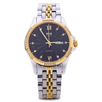 Angela Bos 9012G Men Automatic Wind Mechanical Watch Artificial Diamond Dial Luminous Pointer 3ATM Date Day Wristwatch (Black)  