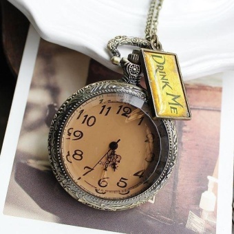 aoyou Women's pocket watch vintage large wedding gift Alice's wonderland drink me coffee tea pendant necklace (as pic) - intl  