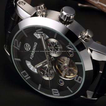 Arloji mekanik otomotif klasik Tourbillon kasus Stainless Steel tali kulit hitam Dial tanggal bulan tahun tampilan pria jam tangan PMW373 - International  
