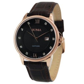 Bonia - Jam Tangan Pria- Rosegold-Hitam - Strap Coklat Tua - BPT220-1539L  