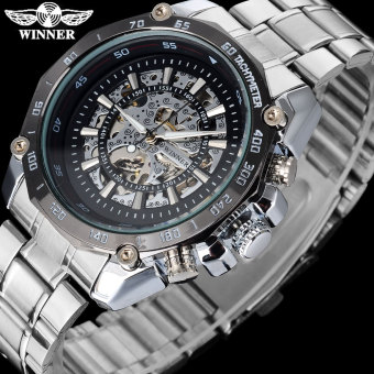 Casual Men Mechanical Famous Hot Skeleton Black Wristwatches Stainless Steel Band Reloj Hombre  