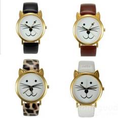 Casual Smile Cat Face Gold Color Case PU Leather Band Unisex Quartz Watch(Black)