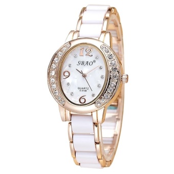 Ceramic women watch oval diamond dial alloy waterproof watch -Golden shell white - intl  