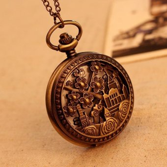 CITOLE Pocket Watch Necklace Quartz Pendant Vintage Women With Long Chain Flower Building Pattern New Arrival (bronze) - intl  