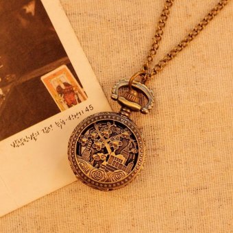 coobonf Vintage Retro Pocket Watch Women Necklace Quartz Alloy Pendant With Long Chain Hollow Flower Building Decoration (bronze) - intl  