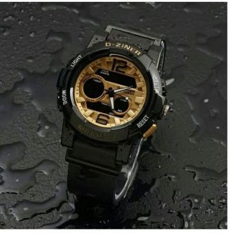D-ziner D-63H25 Dual Time Jam Tangan Wanita Rubber Strap (hitam-gold)  